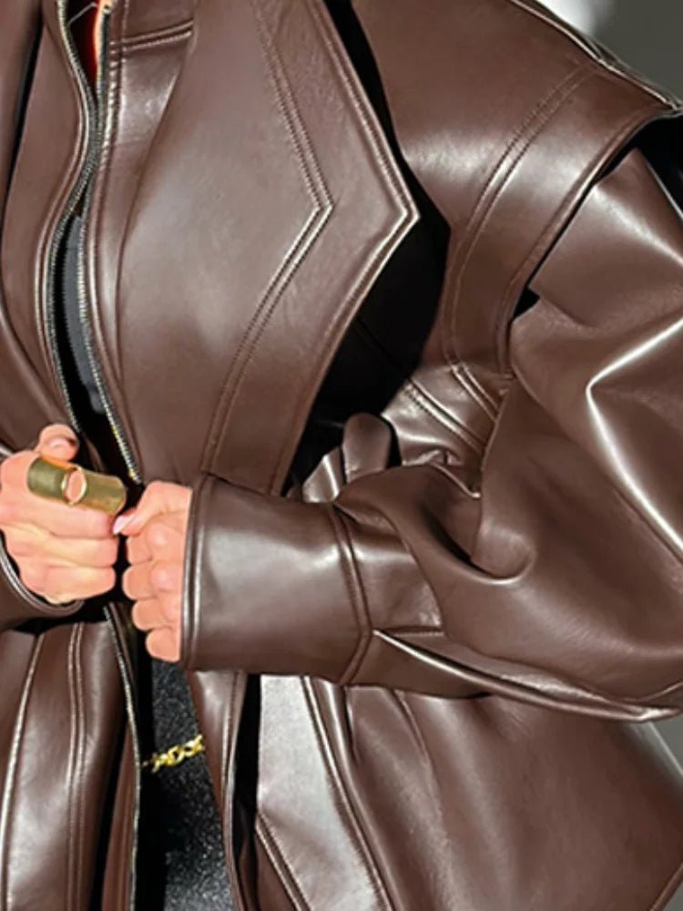 Faux Leather Jacket Women Turn-down Collar Zipper Front Puffy Sleeves Stylish Waist Cinching Coat 2025 Female Winter Outerwear