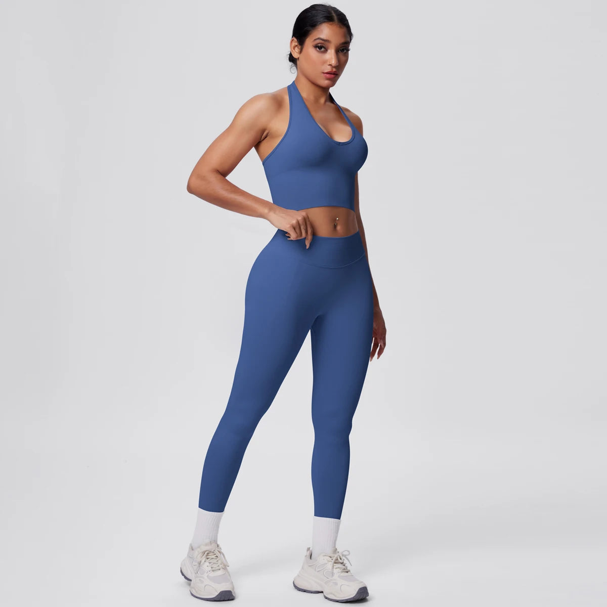 Solid Color Backless Breathable 2pieces Set for Woman High Strength Training Yoga Set Hanging Neck Bra Gym Push Up Fitness Pants