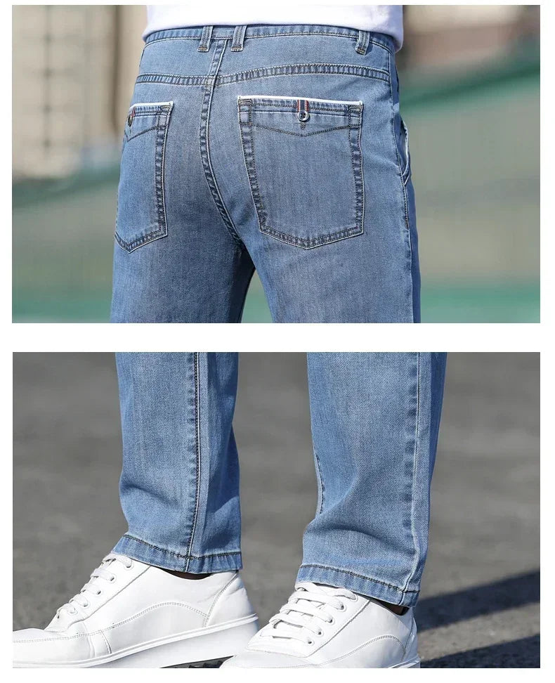 KUBRO 2024 Summer New Men's Loose Stretch Gray Jeans Fashion Casual Stretch Straight-leg Denim Pants Male Light Blue Brand