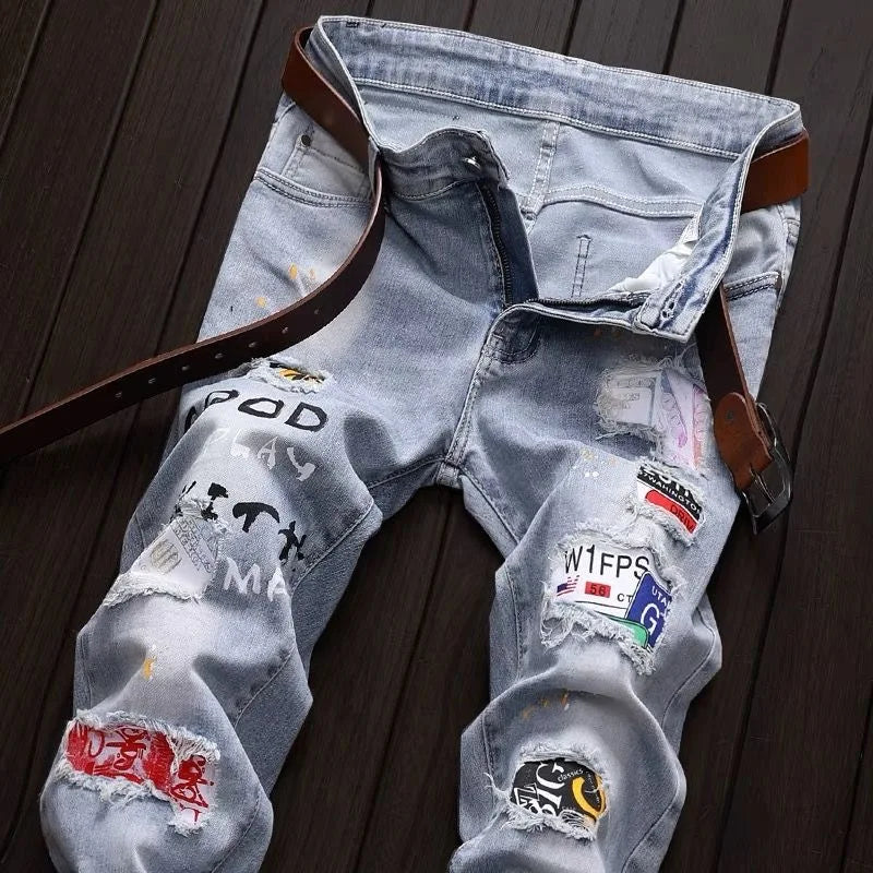 2024 Spring and Autumn New Fashion Trend Retro Ripped Small Foot Pants Men's Casual Slim Breathable Elastic High-Quality Jeans