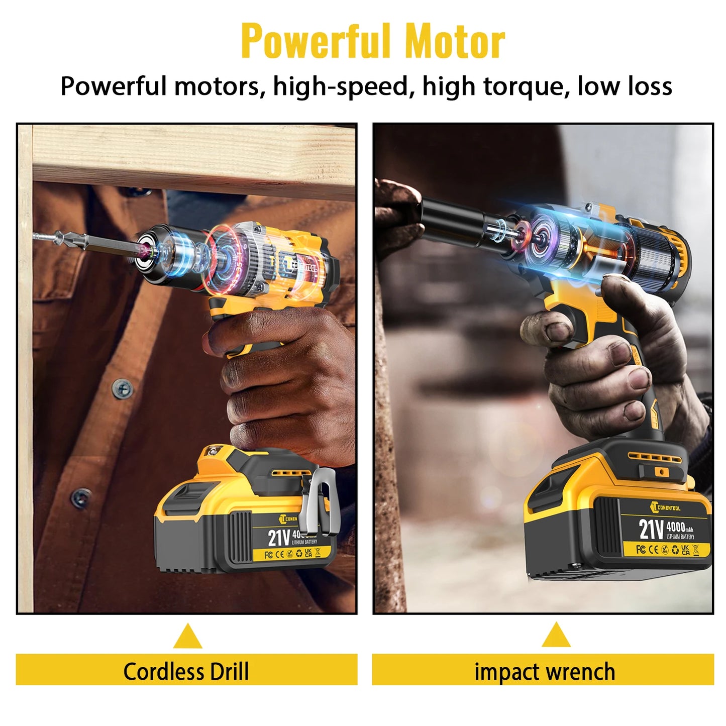 CONENTOOL 420N.m Brushless Electric Impact Wrench Screwdriver Power Tool Combination Drill Driver Set with LED Light 2pc Battery