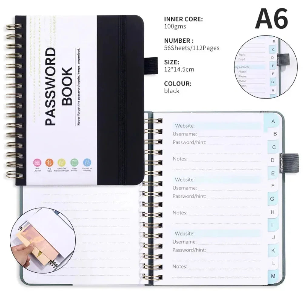 A6 Password Book Strap Spiral Notebook Website Username Password Record Notebook 56 Sheets Password Keeper Book Paper Stationery