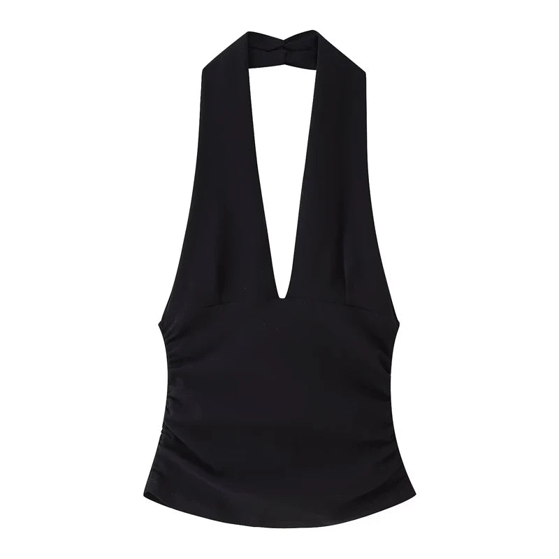 HXAO Halter Top Women Off Shoulder Deep V-Neck Crop Top y2k Sexy Backless Tank Top Street Style Casual Women's Summer Tops 2025