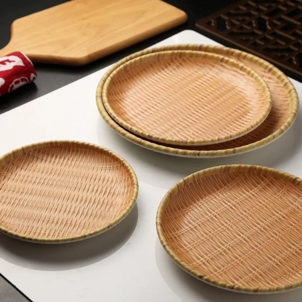 Creative Traditional Imitation Weaving Dinner Plate Round Classic Bread Dessert Plate Convenient Durable Snack Plate Living Room