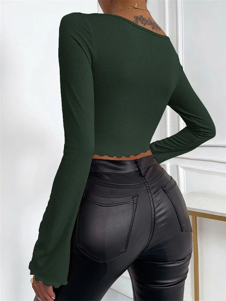 Women Chic T-Shirts Spring Summer Solid Color Flare Long Sleeve Square Neck Cropped Tops Office Party Casual Basic Pullover Tops