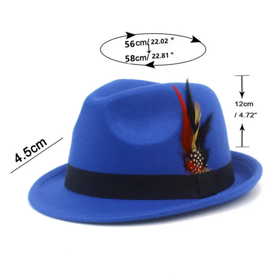 European and American Style Woolen   Women's Autumn and Winter Fashion Feather Show Hats Men's Jazz Hats