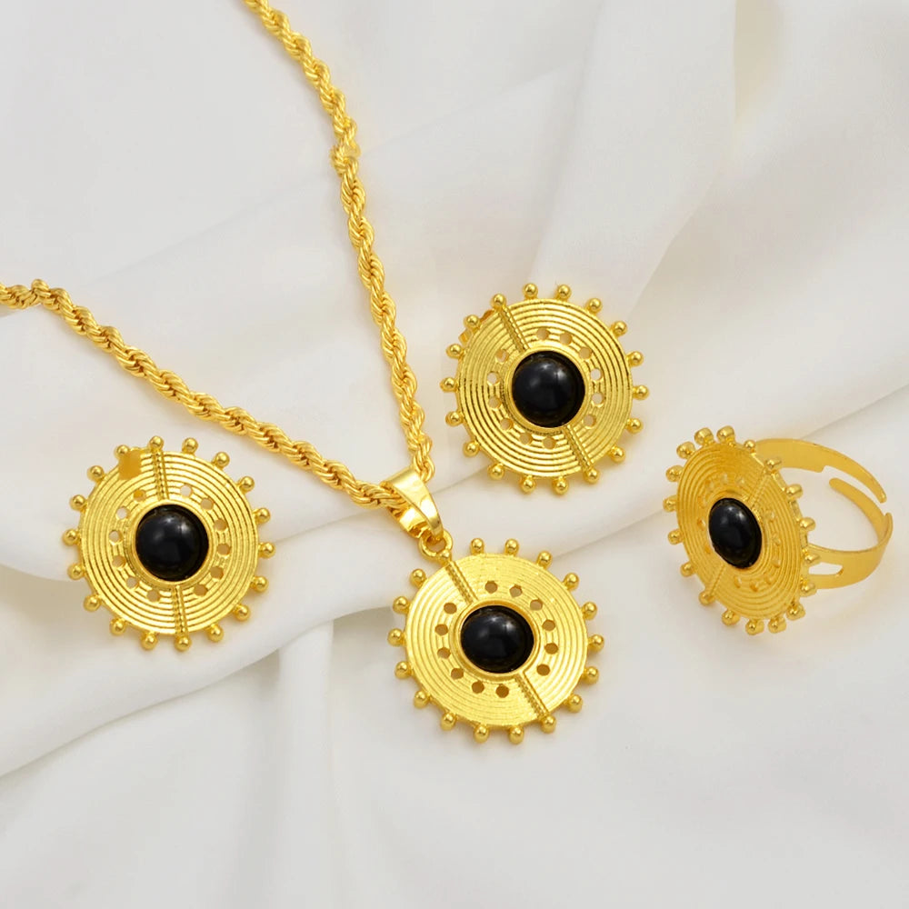 Ethiopian Eritrea Round Jewelry Sets With Pearl Necklace Earrings Rings for Women Girls African Brides Accessories @340206