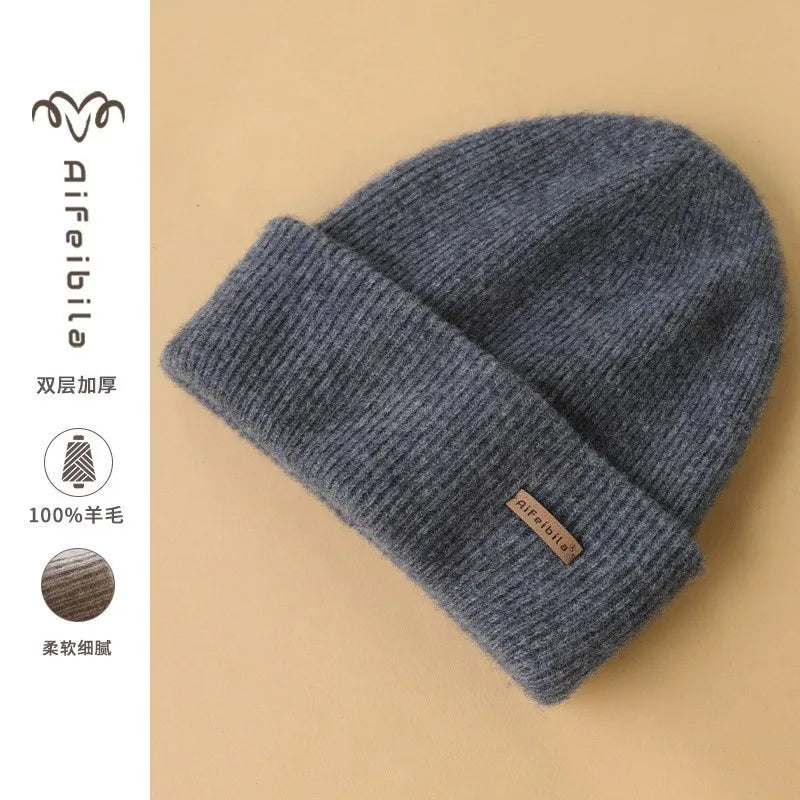 100% Merino Wool Double-Sided Beanie for Men Women Thick Soft Warm Winter Skull Caps Solid Color Knitted Beanies Hat