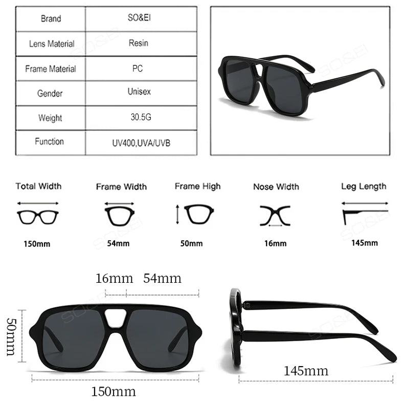SO&EI Ins Popular Fashion Double Bridges Square Men Sunglasses Vintage Punk Yellow Blue Shades UV400 Men Trending Sun Glasses