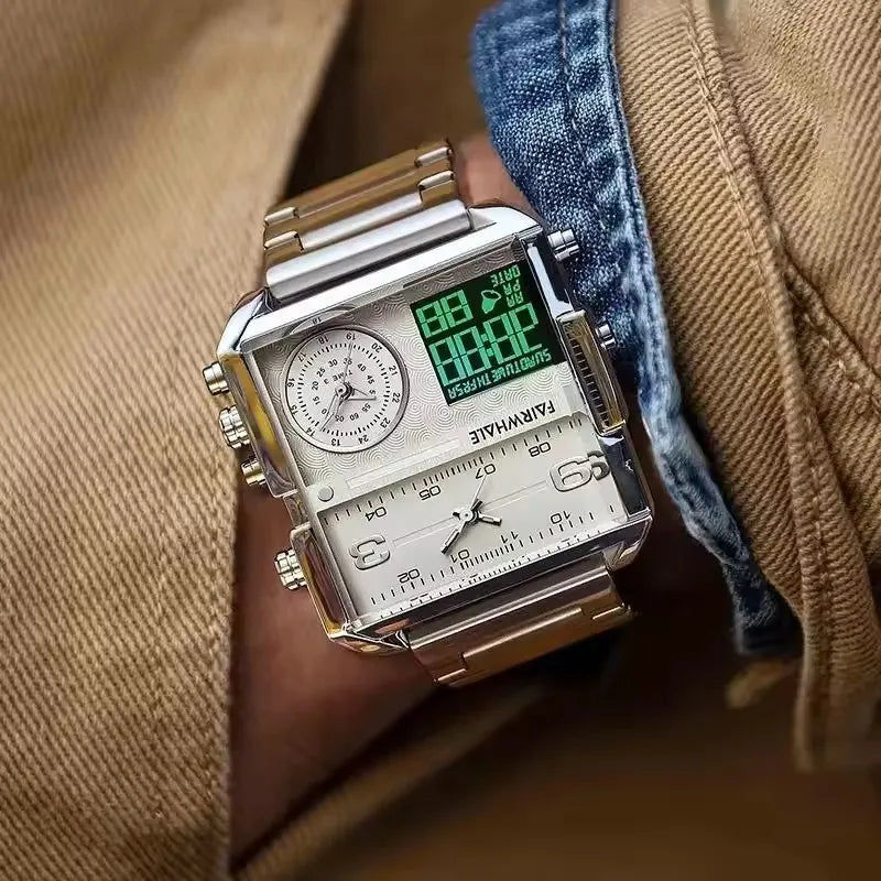 Mark Fairwhale 4270 Retro Square Men's Electronic Digital Dual Display Waterproof Night Light Leisure Men's Clock reloj hombre