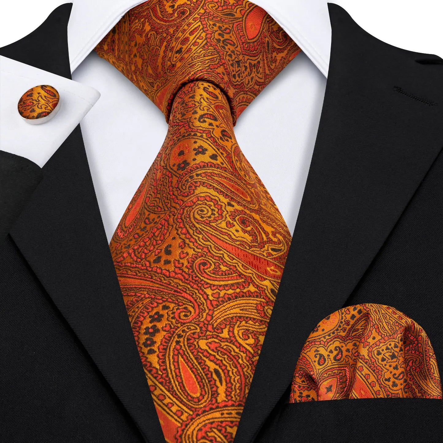 Barry.Wang Orange Brown Silk Mens Tie Hanky Cufflinks Set Gold Coffee Jacquard Designer Necktie For Male Wedding Business Party