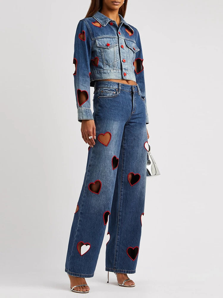 2025 Summer New Fashion Women's Jeans High Waist Straight Wide Leg Embroidery Heart Hollow Out Female Denim Pants