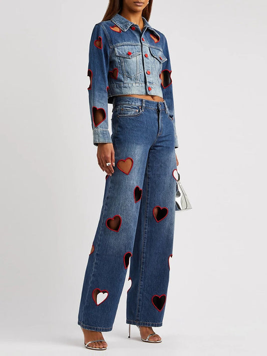 2025 Summer New Fashion Women's Jeans High Waist Straight Wide Leg Embroidery Heart Hollow Out Female Denim Pants