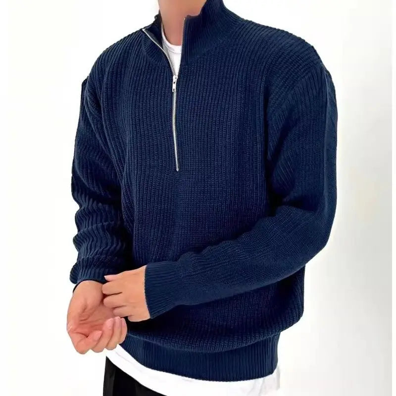American Fashion Brand Design Korean Style Stand Collar Half Zipper Sweater Men's Temperament Versatile Knitted Sweater