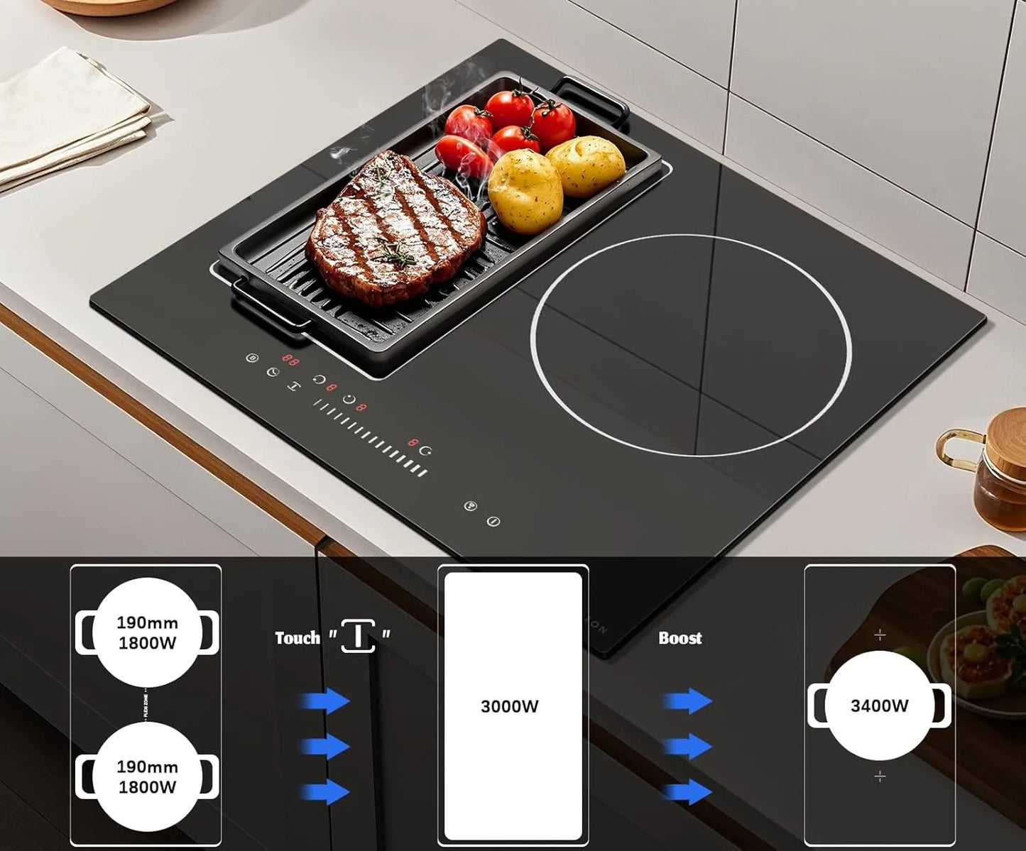 NOXTON Induction Hob 3-Burner, 60cm Built in Induction Hob, Electric Hob with Touch Control, Timer, Safety Lock, 5200Watts, wi