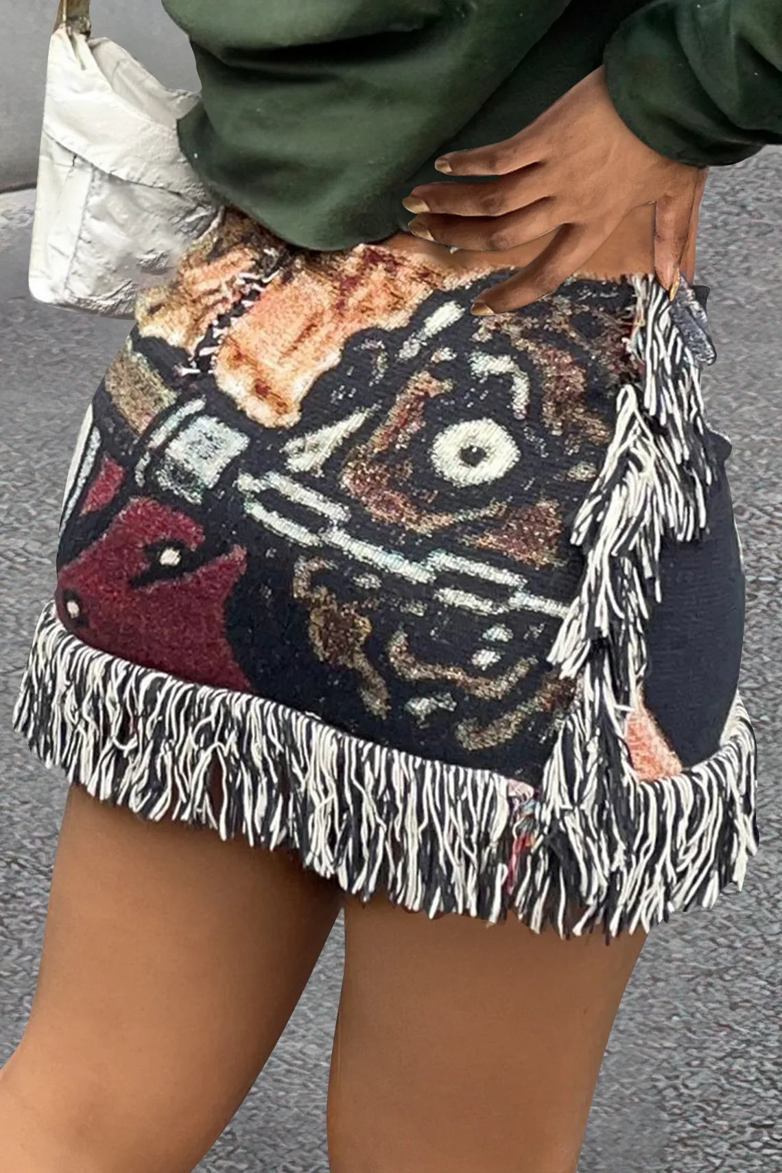 CM.YAYA 2024 Spring Casual Fashion Pattern Tassel Mini Short Skirt Slim Print Street Female INS Classic Women’s Skirts