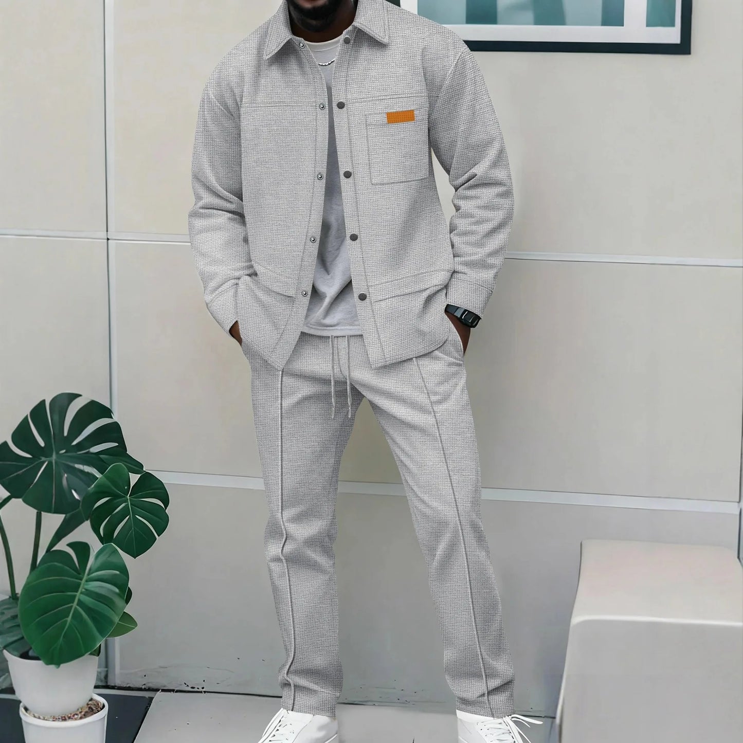 Spring and autumn men's high-quality waffle pure color placket pocket jacket set - a stylish and casual two-piece outfit