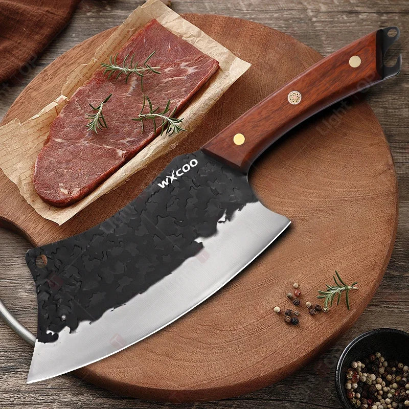 Kitchen Knife Supplies Forged Butcher Knife Fruit Slicing Bottle Opener Knife Multipurpose BBQ Cooking Chef Knife Wood Handle