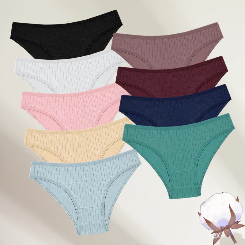 FINETOO 9PCS/SET Cotton Striped Underwear Women's Panties Sexy Soft Solid Color Briefs Female Comfortable Stretch Lingerie M-XL