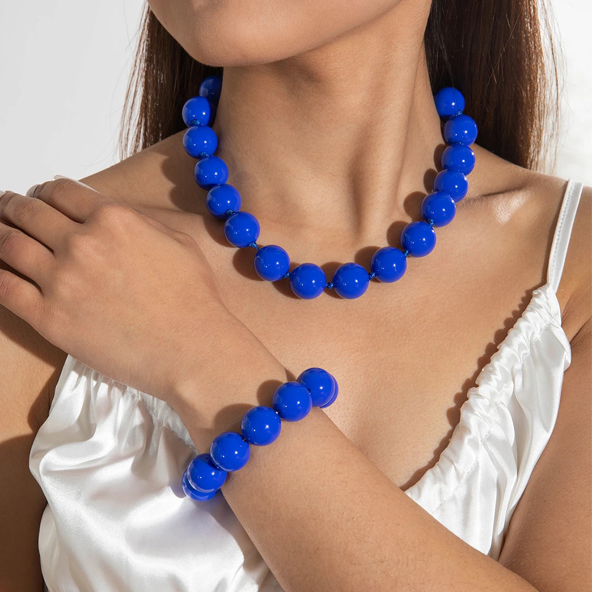 Docona Fashion Colorful Resin Big Beads Necklace Bracelet Set for Women Personality Originality Holiday Jewelry Accessories Gift