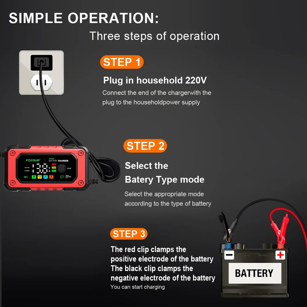 EAFC 12V 7A Car Battery Charger Smart Multiple Protection AGM Lithium Iron Lead-acid Charger for Car SUV RV Motorcycle Truck