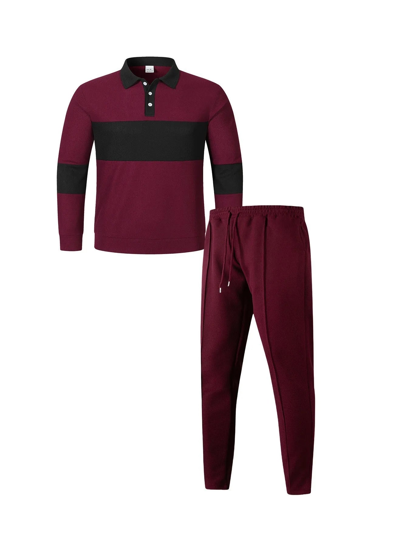 Men's Fashion 2-Piece Outfit Waffle Knit Polo Neck Top & Straight Leg Pants Set Casual Sporty Color Block Tracksuit