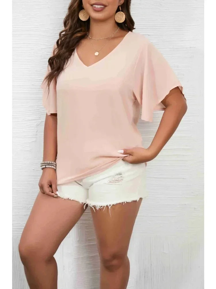 Women's Plus Size 1XL-5XL Solid Color Short Sleeve Blouse V Neck Bell Sleeve Blouse Casual Pullovers Shirt Top