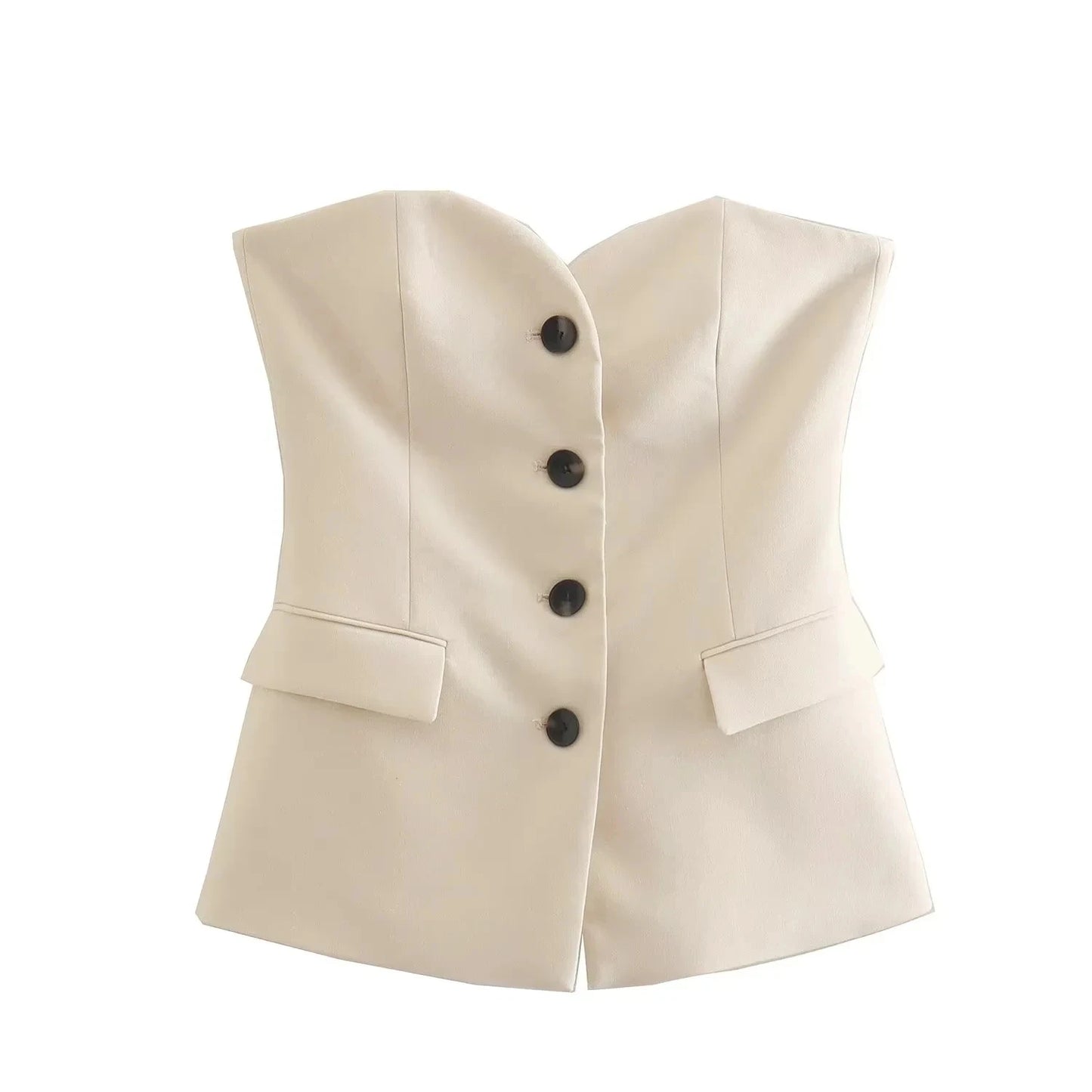 HH 2024 Women Solid Tube Top Pant Suit Sleeveless Off Shoulder Single Breasted Tube Top+All-match Straight Trousers Set TRAF