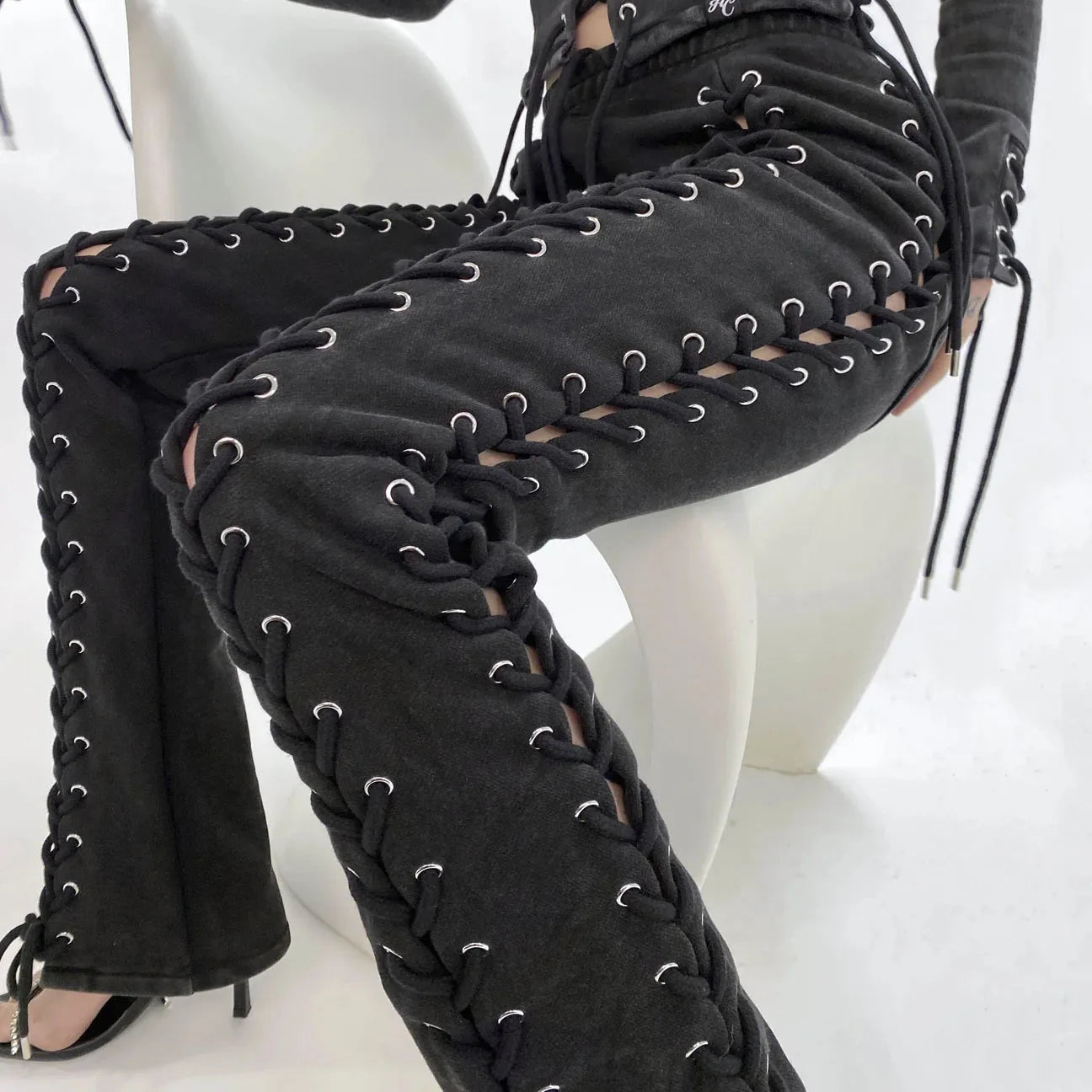 BoozRey Y2k Women Pants Streetwear Low Waist Pant 90s Vintage Clothes Skinny Slim Sexy Lace Up Hollow Out Straight Trousers