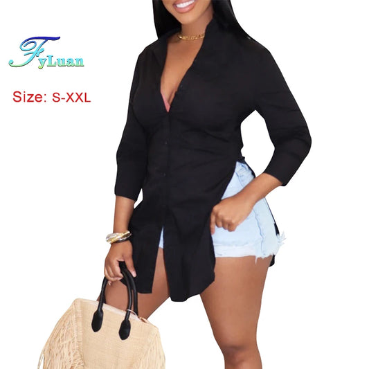 2025 New Casual Women Shirt Solid Color Turn Down Collar One Breasted Female Slit Shirt Long Sleeve Sexy Versatile Commuting Top