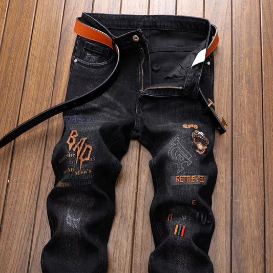 2024 Spring and Autumn New Fashion Trend Retro Ripped Small Foot Pants Men's Casual Slim Breathable Elastic High-Quality Jeans