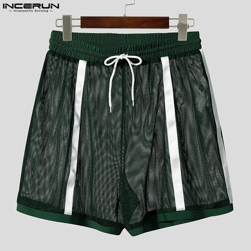 INCERUN Men Shorts Mesh Patchwork Drawstring Loose Transparent Male Shorts Streetwear Summer 2025 Sexy Vacation Men Bottoms