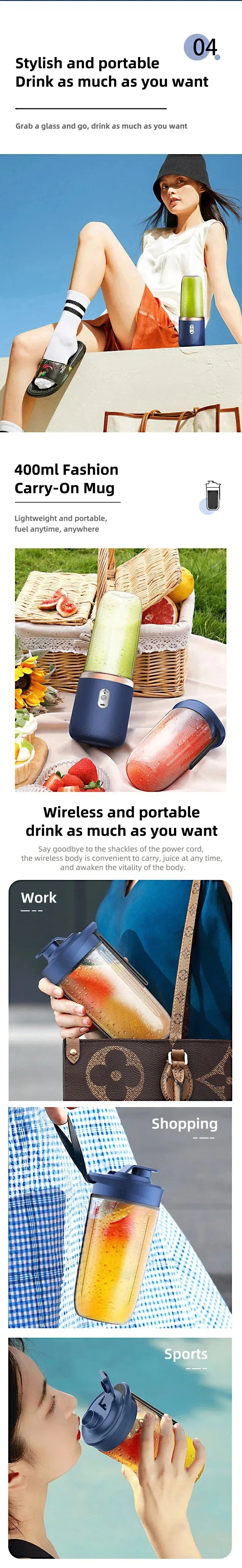 6 Blade 400ml Portable USB Blender Electric Travel Juicer Cup Mini Kitchen Tool for Smoothies Shakes