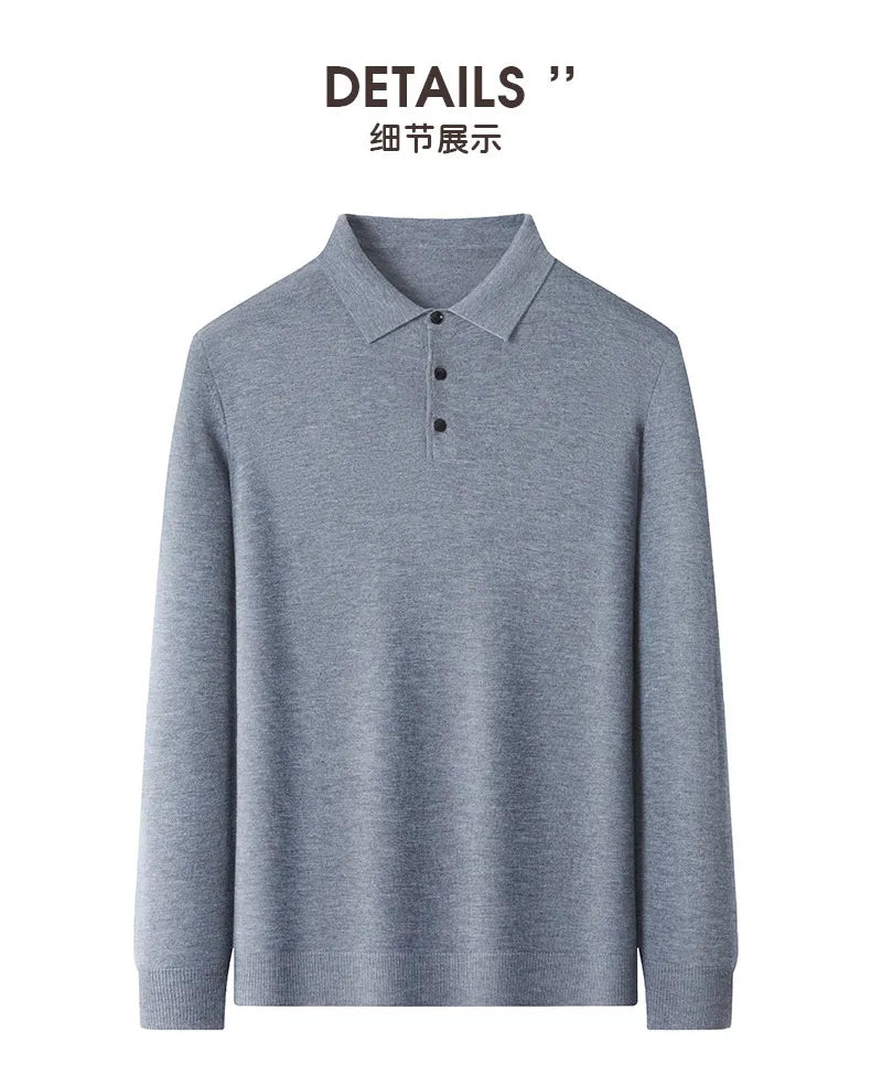 Men's Fine Wool Sweater Polo Collar Pullover Spring Autumn New Cashmere Knitwear Smart Casual Loose Men's Shirts Warm Soft Tops