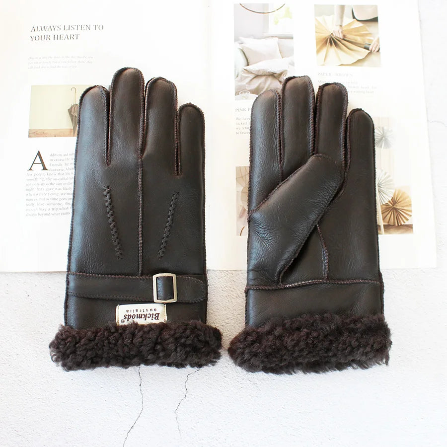 Sheepskin Fur Gloves Men's Thick Winter Warm Large Size Outdoor Windproof Cold Hand Stitching Sewn Leather Finger Gloves
