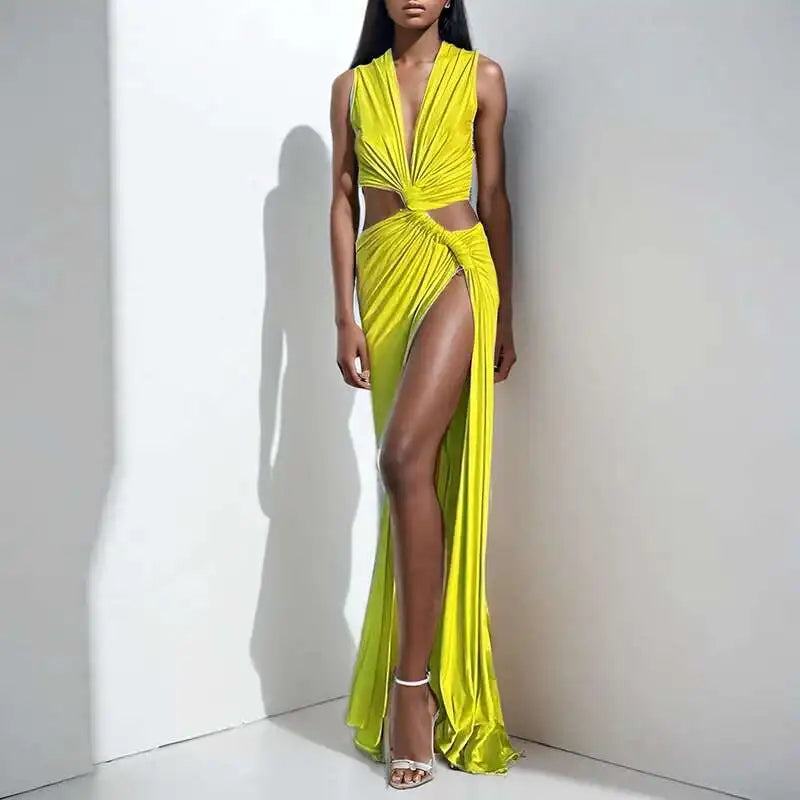 DEAT Spring New Arrival Fashion Hollow Out Sleeveless Dresses For Women Trendy Split V-neck Irregular Dress Female 11A03623