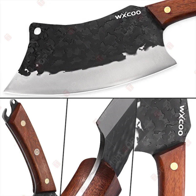 Kitchen Knife Supplies Forged Butcher Knife Fruit Slicing Bottle Opener Knife Multipurpose BBQ Cooking Chef Knife Wood Handle