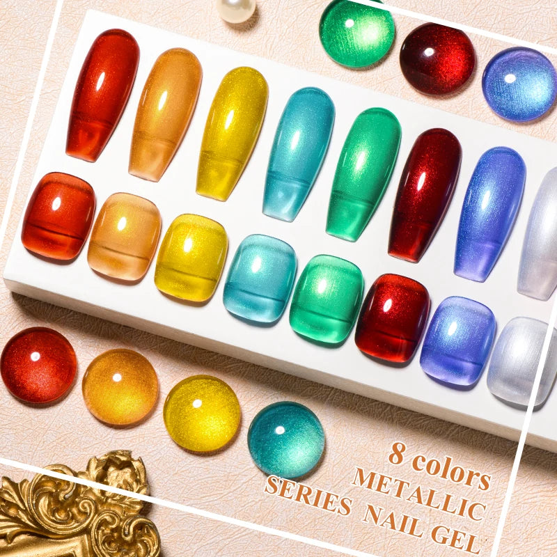 MEET ACROSS 8pc Metallic Series Gel Nail Polish Set Red Gold Mirror Effect Soak Off UV LED Gel Kit for Nail Art Manicure Varnish