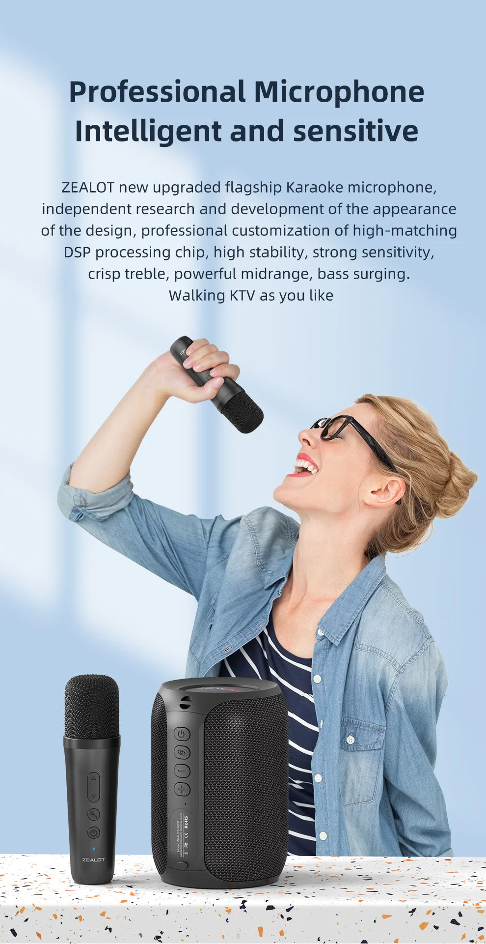 ZEALOT-S62M Karaoke Machine Portable Bluetooth 5.3 Speaker System with 1-2 Wireless Microphones Home Family festival Gifts
