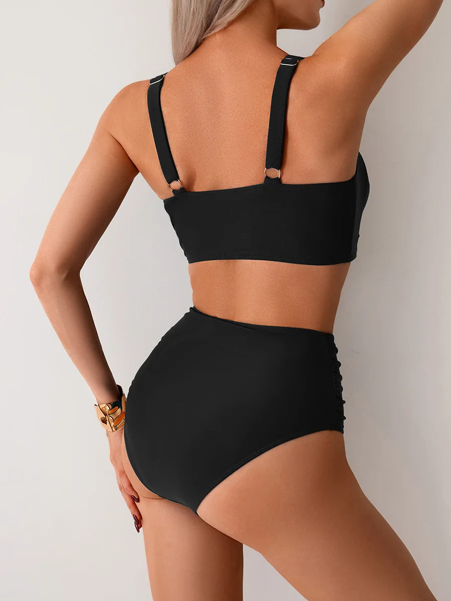 2025 New Summer Sexy High Waist Two-piece Bikini Set Solid Women Sling Swimsuit Cross Gathered Swimwear Tight Beach Bathing Suit