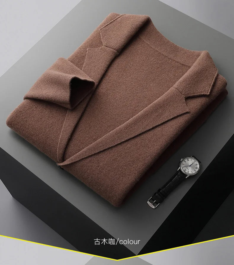 100% Pure Wool Cardigan Men's Spring And Autumn High-End Outerwear Sweater Casual Small Suit Jacket Olive Collar Sweater