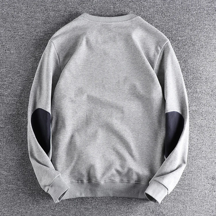 Spring New American Retro Sleeve Patch Solid Color Sweatshirt Men's Simple 100% Cotton Washed Pullover Loose Casual Sportwear