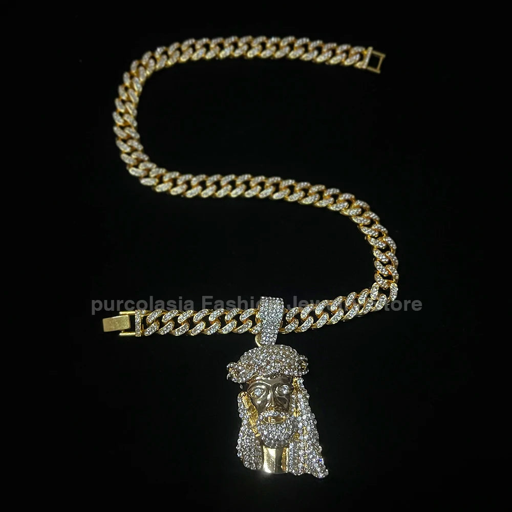 Men Hip Hop Rapper Popular Necklace Religious Jesus Portrait Pendant Rhinestones Cuban Chain Jewelry