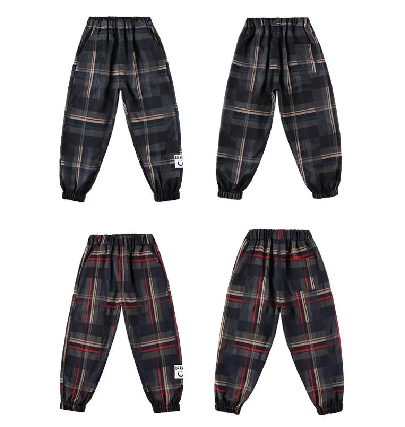 Boys Thick Plaid Pants Spring Autumn Girls Plus Velvet Warm Drawstring Kids Trend Trousers Fashion Teen Sport Casual Pants 4-12Y