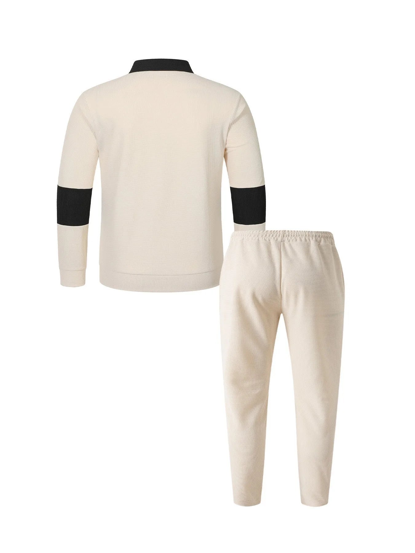 Men's Fashion 2-Piece Outfit Waffle Knit Polo Neck Top & Straight Leg Pants Set Casual Sporty Color Block Tracksuit