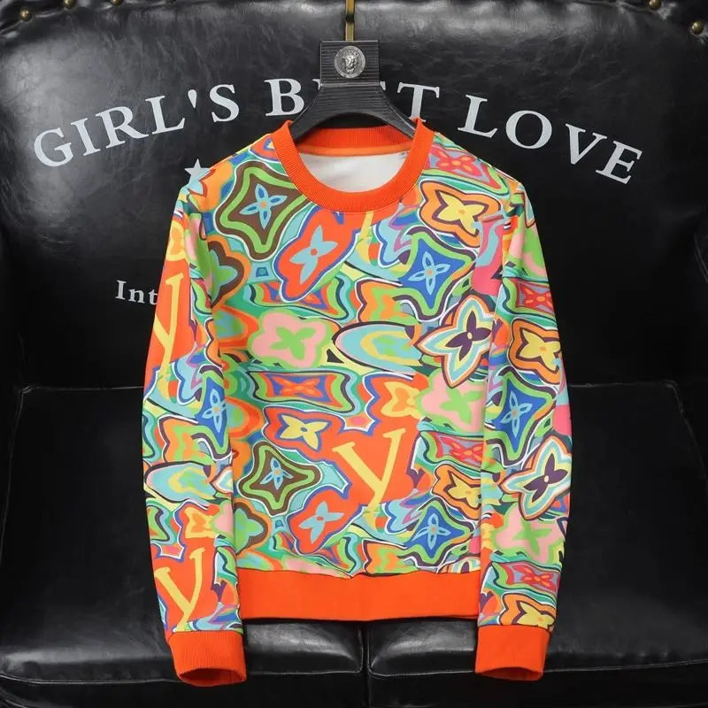 European and American fashion new trendy men's color hot stamping casual sweater light luxury handsome high-end versatile top