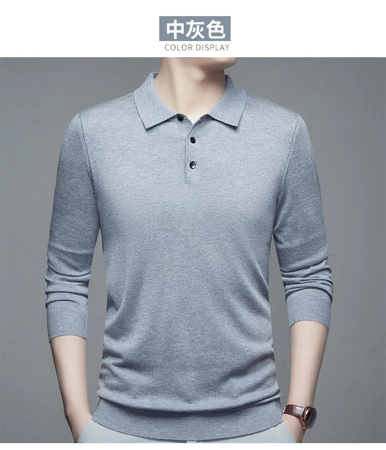 Men's Fine Wool Sweater Polo Collar Pullover Spring Autumn New Cashmere Knitwear Smart Casual Loose Men's Shirts Warm Soft Tops