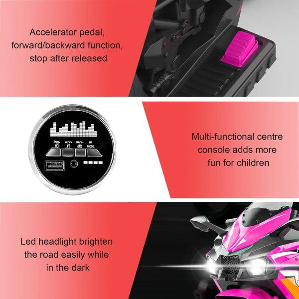 Electric Motorcycle for Kids, 12V Battery Powered Ride on Toys 3 Wheels Motorcycle with LED Lights and Music