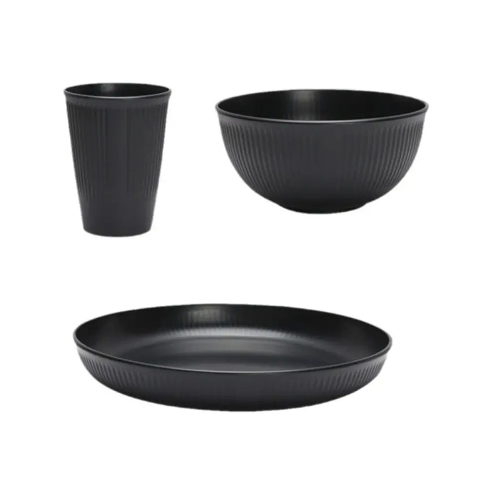 3pcs/set Eco-friendly Plastic Black Tableware Set Vertical Stripes Anti-fall Cutlery Set Plate/Bowl/Cup Party