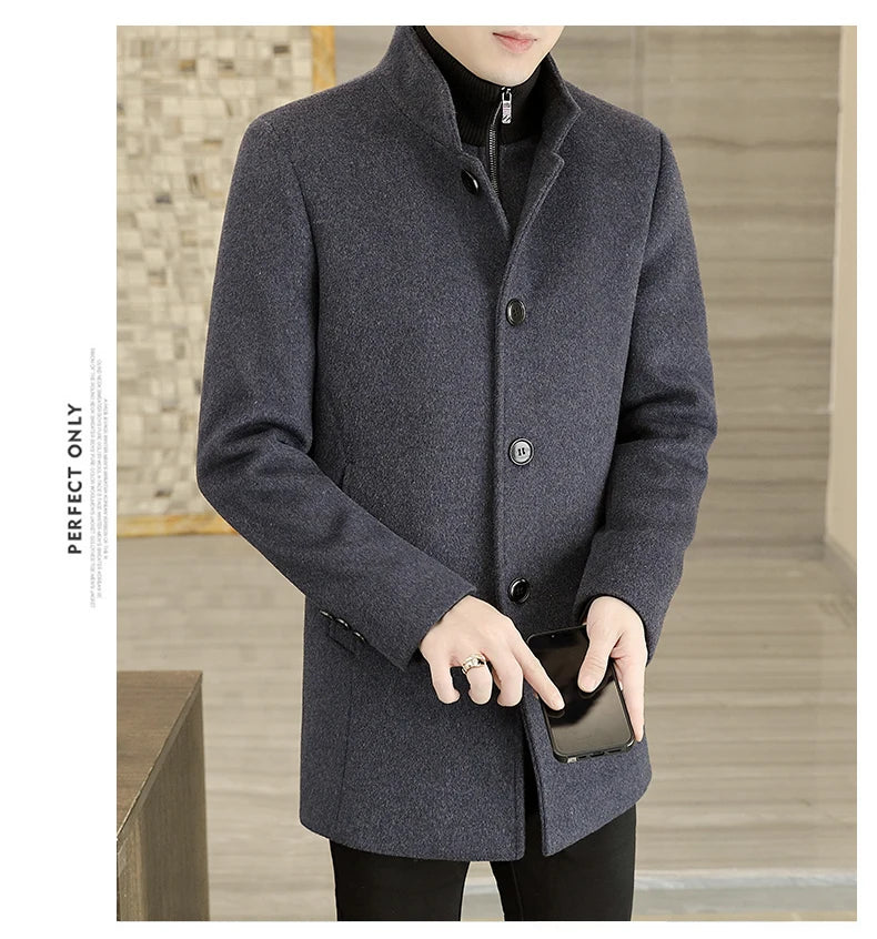 Men's Long Wool Coat High Quality Trendy Fashion Handsome Solid Color Wool Trench Coat with Removable Thickened down Inner Liner